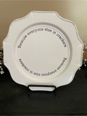 Mud Pie White Ceramic “Cracker” Scalloped Serving Plate with Black Script - 8.5”